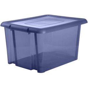 Kunststof opbergbox/opbergdoos donkerblauw transparant L65 x B50 x H36 cm stapelbaar - Voorraad/opberg boxen/bakken met deksel