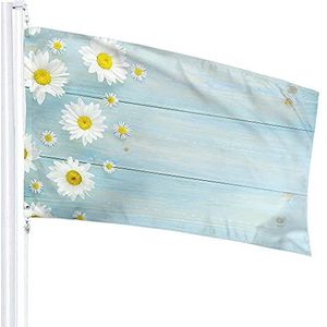 Vlag 90 x 150 cm, chrysantbloemen op lichtblauwe houten tafel, veranda, vlag levendige kleuren, strandvlaggen, vervagingsbestendige tuinvlaggen, voor activiteiten, carnaval, tuin