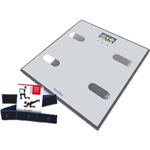 Terraillon - Easy Move Elektronische Personenweegschaal - Analyse van de lichaamsmassa, BMI, 8 gebruikersgeheugen, 150 kg - Elastische sportband en boekje met 17 oefeningen inbegrepen - Grijs