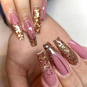 Coffin False Nails Snow Glitter Press on Nails Christmas Ballerina Acrylic Stick on Nails Pink Long Fake Nails 24pcs for Women and Girls (Color : Purple, Size : 24 Piece Assortment)