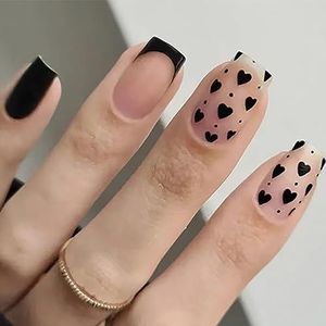 Coffin False Nails French Short Press on Nails Black Heart Stick on Nails Pink Fake Nails 24pcs for Women and Girls