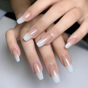 False Nails Nude Gradient Press On Nails Reusable Stick On Nails Medium Long Fake Nails 24pcs For Women And Girls，With Solid Glue, Nail Lamp
