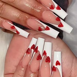 Coffin False Nails Heart Press on Nails Almond Valentine's Day Pink Long Fake Nails Ballerina Acrylic Stick on Nails 24pcs for Women and Girls