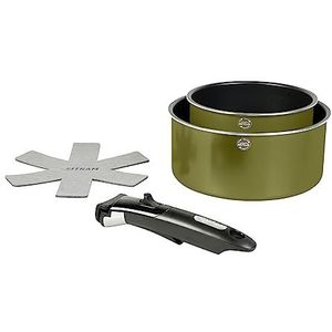 Sitram 715710 Set van 2 pannen van gerecycled aluminium, Ø 16 en 20 cm, metallic groen, anti-aanbaklaag, zonder PFOA + afneembare handgreep + 1 vilt, voor alle warmtebronnen, inclusief inductie