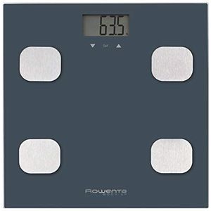 Rowenta Body Up BR2520 personenweegschaal met lichaamsvetmeter en BMI, slaat tot 8 gebruikersprofielen, groot lcd-display, glasplatform, tot 150 kg capaciteit, blauw