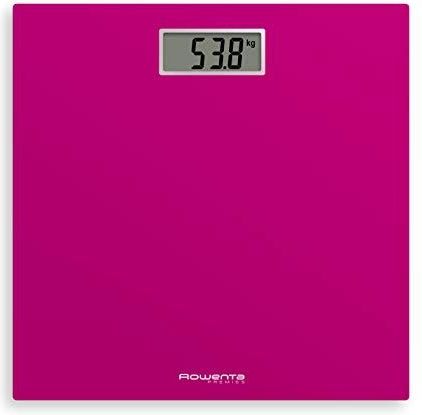 Rowenta Premiss 2 Digitale personenweegschaal, gehard glas, precisie alle 100 g, intelligente functies, groot display, inclusief batterij, fuchsia, 30 x 30 cm