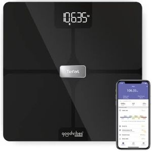Tefal Goodvibes Health Smart weegschaal, 14 lichaamsindicatoren, aangesloten app, onbeperkt aantal gebruikers, capaciteit 180 kg en glasplaat 32 x 32 cm, zwart BM9670S1