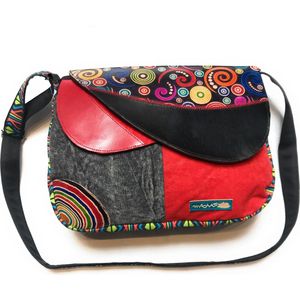 Cross-body tas Handtas in katoen en leer met lederen inzetstukken met kleurrijke prints, handtas etnische Indiase voor vrouwen hippie boho