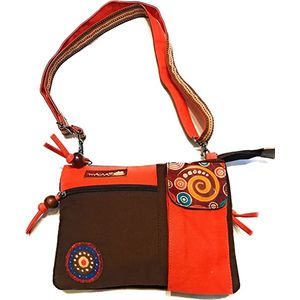 Ethno-katoenen tas met kleurrijke prints en leren inzetstukken, schoudertas van katoen en leer voor vrouwen in India, kleurrijk