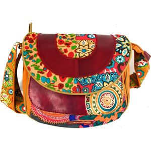 schoudertas dames Etnische katoenen tas met kleurrijke prints en lederen inzetstukken, schoudertas voor vrouwen Etnisch Indiaas kleurrijk, ORANJE