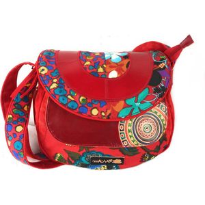 schoudertas dames Etnische katoenen tas met kleurrijke prints en lederen inzetstukken, schoudertas voor vrouwen Etnisch Indiaas kleurrijk Rood