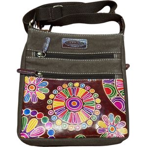 Macha Etnische katoenen tas met kleurrijke prints en lederen inzetstukken, katoen en leer schoudertas voor dames, etnisch, Indiaas, kleurrijk, bruin
