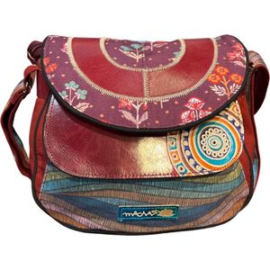 Macha Etnische katoenen tas met kleurrijke prints en lederen inzetstukken, schoudertas voor vrouwen, etnische Indiase kleurrijke, Bordeaux
