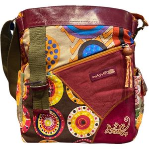 Etnische katoenen tas met kleurrijke prints en lederen inzetstukken, katoen en lederen schoudertas voor vrouwen Etnische Indiase kleurrijke, camel…
