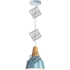 Hanglamp, E27, max. 60 W, lampenkap, aluminium, hemelsblauw en licht hout, buiten/wit, binnenkabel, PVC, lengte 150 cm, wit