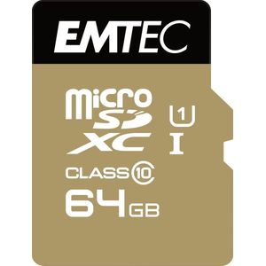 EMTEC ECMSDM64GXC10GP - microSD-kaart - klasse 10 - Elite Gold serie - UHS-I U1 - met performance-adapter - leessnelheid tot 90 MB/s - zwart/goud - 64 GB