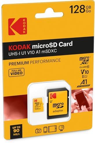 Kodak - Micro SD-kaart - 128 GB - UHS-I U1 V10 A1 - Leessnelheid 85MB/s Max - Schrijfsnelheid 25MB/s Max