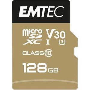 EMTEC - UHS-I U3 V30 A1-128 GB microSD-kaart - 128 GB - ECMSDM128GXC10SP - Speedin-serie - Met adapter - Leessnelheid tot 100MB/s, 100MB/s - Zwart/Goud