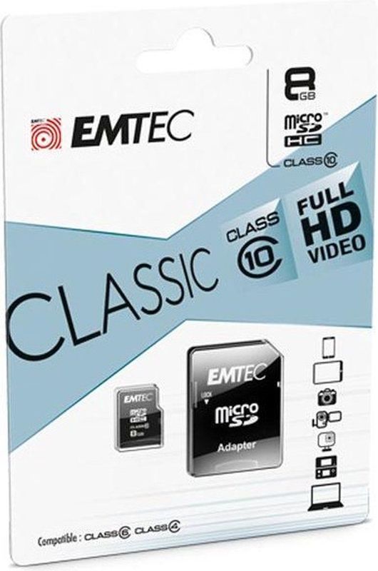 Emtec - ECMSDM8GHC10CG - microSDHC-kaart - 8 GB - klasse 10 - Classic serie