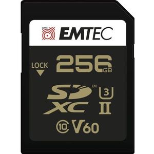 Emtec ECMSD256GUHS2V60 SD-kaart, UHS-II U3 V60 SpeedINPRO+, opslagcapaciteit 256 GB, 2 rijen pinstekkers op de achterkant van de kaart, zwart/goud