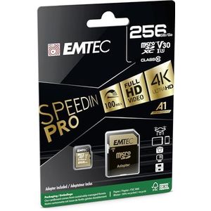 EMTEC - UHS-I U3 V30 A1-256 GB, 256 GB - ECMSDM256GXC10SP - Speedin serie - met adapter - Lees- en schrijfsnelheid tot 100 MB/s, 100 MB/s, zwart/goud