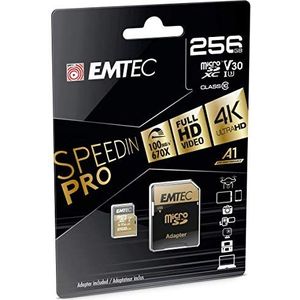 EMTEC - UHS-I U3 V30 A1-256 GB, 256 GB - ECMSDM256GXC10SP - Speedin serie - met adapter - Lees- en schrijfsnelheid tot 100 MB/s, 100 MB/s, zwart/goud