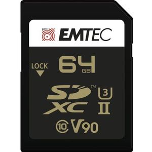 EMTEC - SDXC UHS-II U3 V90 SpeedIN Pro+ ECMSD64GUHS2V90 – geheugenkaart – seriefoto's, Full HD, 3D, 4K, 8K UHD – opslagcapaciteit 64 GB – 2 rijen PIN op de achterkant – zwart/goud