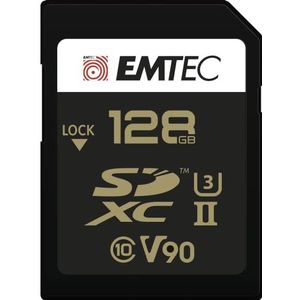Emtec ECMSD128GUHS2V90 SD-geheugenkaart UHS-II U3 V90 SpeedINPRO+ opslagcapaciteit 128 GB – 2 rijen pinaansluitingen op de achterkant van de kaart – zwart/goud
