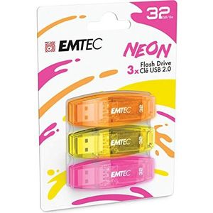 EMTEC USB 2.0 C410 Stick, 32 GB flashdrive, 5 Mb/S lezen, schrijven 15 Mb/s, compatibel met USB 2.0, USB 3.0, transparant, neon met dop, 3 stuks