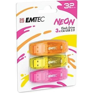 EMTEC USB-stick 2.0 C410, 32 GB Flash Drive, lezen 5 Mb/S, schrijven 15 Mb/S, compatibel met USB 2.0, USB 3.0, transparant, neonlicht, met kap, 3 stuks