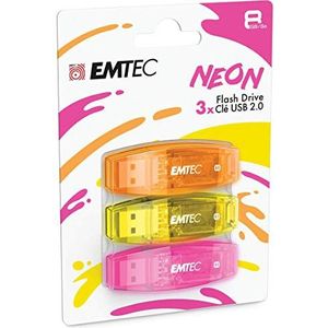 EMTEC USB 2.0 C410 Stick, 8 GB flashdrive, 5 Mb/S lezen, schrijven 15 Mb/s, compatibel met USB 2.0, USB 3.0, transparant, neon met dop, 3 stuks