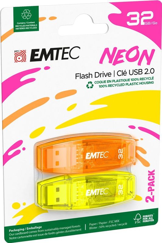 EMTEC - USB 2.0 C410 - Flash Drive - 32 GB - Transparant - Neon - Set van 2