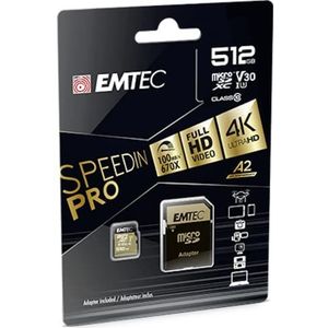 Emtec - UHS-I U3 V30 A1-512 GB, 256 GB - ECMSDM256GXC10SP - Speedin serie - met adapter - Lees- en schrijfsnelheid tot 100 MB/s, 100 MB/s, zwart/goud