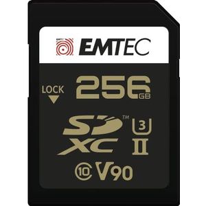EMTEC - SDXC UHS-II U3 V90 SpeedIN Pro+ ECMSD256GUHS2V90 – geheugenkaart – seriefoto's, Full HD, 3D, 4K, 8K UHD – opslagcapaciteit 256 GB, 256 GB – 2 rijen PIN op de achterkant – zwart/goud