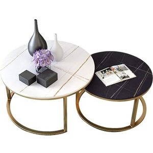 Bijzettafeltjes Eenvoudige stapelbare salontafel, woonkamer ronde accenttafel set van 2 bankeind-/bijzettafel, blad van gesinterd steen | Metalen frame