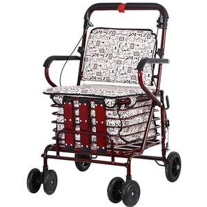 Opvouwbare winkelwagen Walker met stoel en wielen Opvouwbare boodschappentrolley Ouderenrollator Draagbaar lichtgewicht loophulpmiddel Cadeau for moeder en vader (Size : Wine Red)