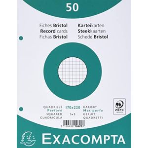 Exacompta - 50 stuks indexkaarten, geruit, 5 x 5, geperforeerd, in folie - geschikt voor inkjet-, laser- en kopieerapparaten - formaat 170 x 220 mm - wit