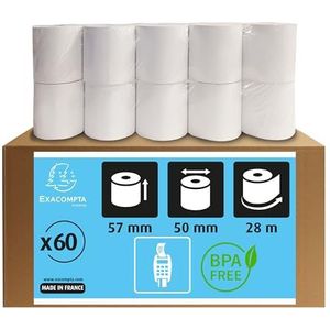 Exacompta 40344E 60 stuks thermisch papier rollen 1-laags, breedte: 57 mm, lengte 28 m, diameter kern: 12 mm 55 g/m² thermische rolgordijnen voor kaartbetaling (EC Cash-apparaten)
