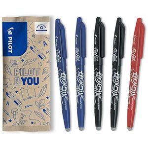 Pilot Frixion Ball, uitwisbare balpen, navulbaar, van gerecycled kunststof, 2 x blauw, 2 x zwart, 1 x rood, medium punt, 5 stuks