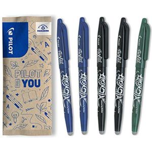 Pilot Frixion Ball, uitwisbare balpen, navulbaar, van gerecycled kunststof, 2 x blauw, 2 x zwart, 1 x groen, medium punt, 5 stuks