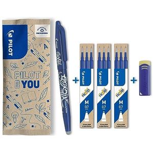 PILOT Frixion Ball – Uitwisbare balpen met hitte gevoelige inkt – Navulbare balpen van gerecycled kunststof – Blauw (1 pen, 9 vullingen, 1 gum) - Middelgrote punt - Toverpen