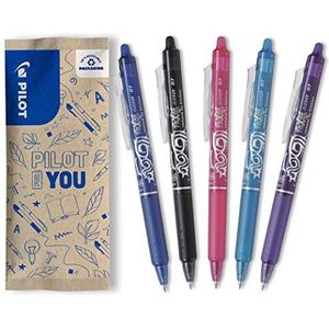 PILOT Frixion Ball Clicker, intrekbare balpen, uitwisbaar, met warmtegevoelige inkt - navulbare en ergonomische rollerbalpen - zwart, blauw, roze, turquoise, paars - middelgrote punt, 5 stuks