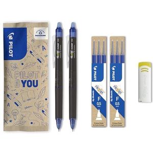 PILOT - Set van 2 FriXion Point Clicker 0,5 - uitwisbare en intrekbare rollerbalpen - 2 blauw + 2 sets met 3 blauwe vullingen + gum - fijne punt