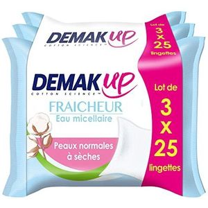 Demak'Up Fraîcheur Lingettes à démaquiller - Visage et Yeux - Peaux Normales à Sèches - 3x25 Lingettes démaquillantes