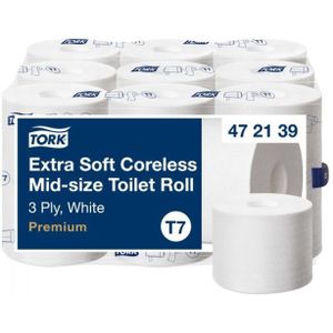 Tork 472139 extra zacht, mouwloos midi-toiletpapier van topkwaliteit voor T7, dubbele roldispenser/toiletpapier, 3 lagen/zonder hoes, extra zacht en scheurvast, 18 x 550 vellen