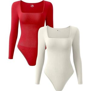 Gursac Sexy tweedelige set voor dames met vierkante hals en lange mouwen, geribbelde bodysuit uit één stuk met buikcontrole, CGDLABEYD-REDBEIGE-L, L