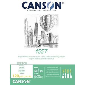 Canson 1557 tekenpapier, 50 vellen, 120 g, lichte korrel, zuiver wit, 29,7 x 42 cm, A3, zuiver wit