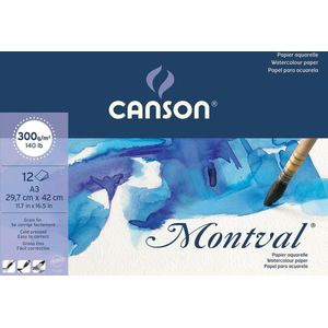 Montval aquarelpapier, wit met fijne korrel 300 g/m², ft A3, blok met 12 vellen