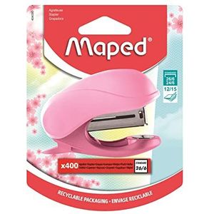 Maped - Mini Vivo nietmachine pastelroze + 400 nietjes 26/6 - Lichaam van gerecycled materiaal - Met geïntegreerde nietjesverwijderaar - Geschikt voor nietjes 24/6 en 26/6 - Bindt tot 15 vellen