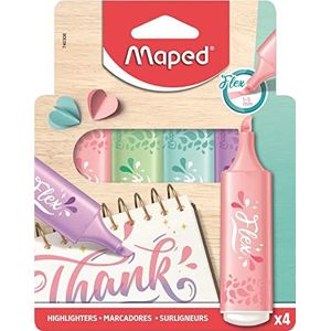 Maped - 4 markeerstiften FLEX pastelkleuren – afgeschuinde en flexibele punt – langdurige markeerstiften voor school, lettering, bullet journal en business – 4 pastelkleuren willekeurig geselecteerd